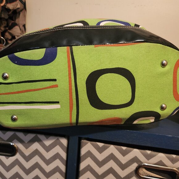 X-Large sized SAMOE green canvas shoulder tote bag|Black faux leather trim ADJ. - Picture 3 of 12